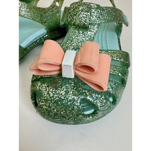 Crocs Girls Blue Green Glitter Size 5 Isabella Hook Loop Sling Back Bow Sandals - Picture 2 of 12